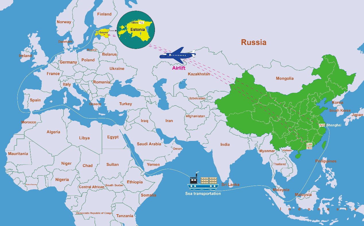 中国物流去爱沙尼亚的航线示意