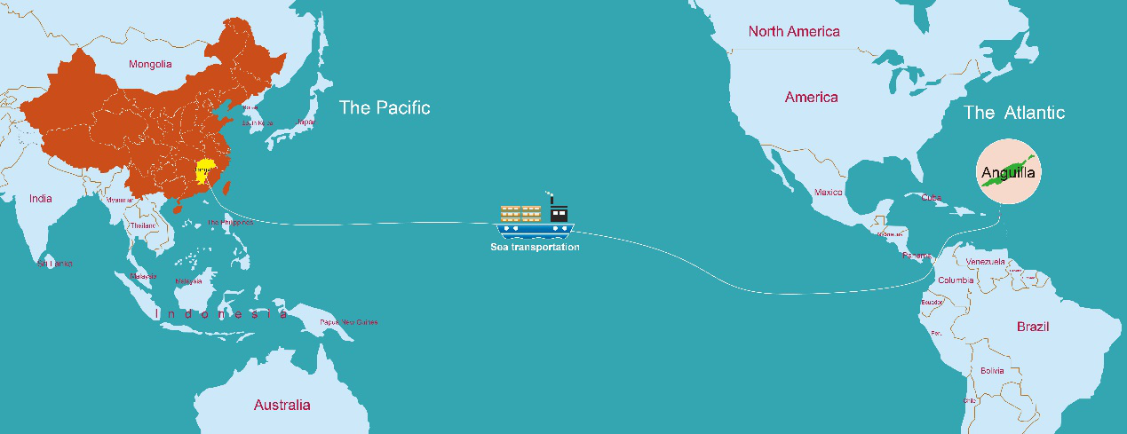中国物流去安圭拉的航线示意