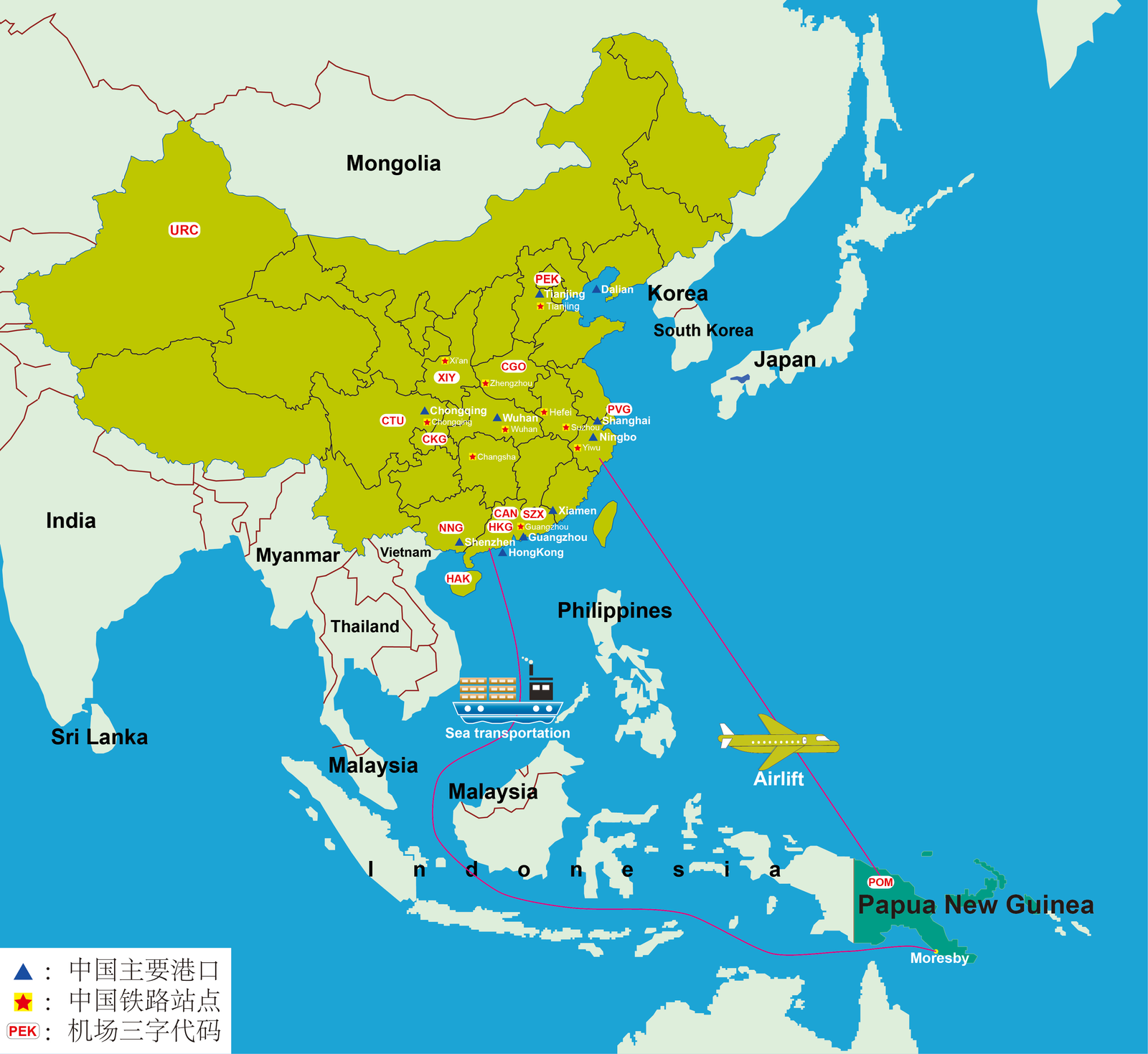 中国物流去巴布亚新几内亚的航线示意
