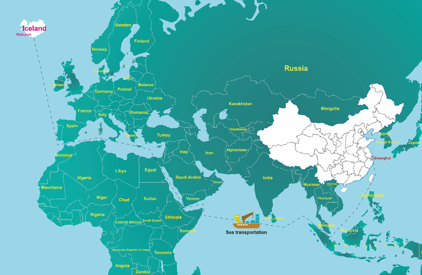中国物流去冰岛的航线示意