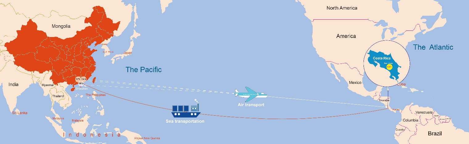 中国通过空运和海运运输货物到哥斯达黎加