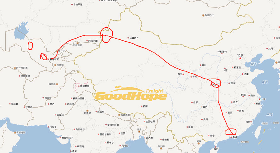 中国到乌兹别克斯坦铁路运行地图